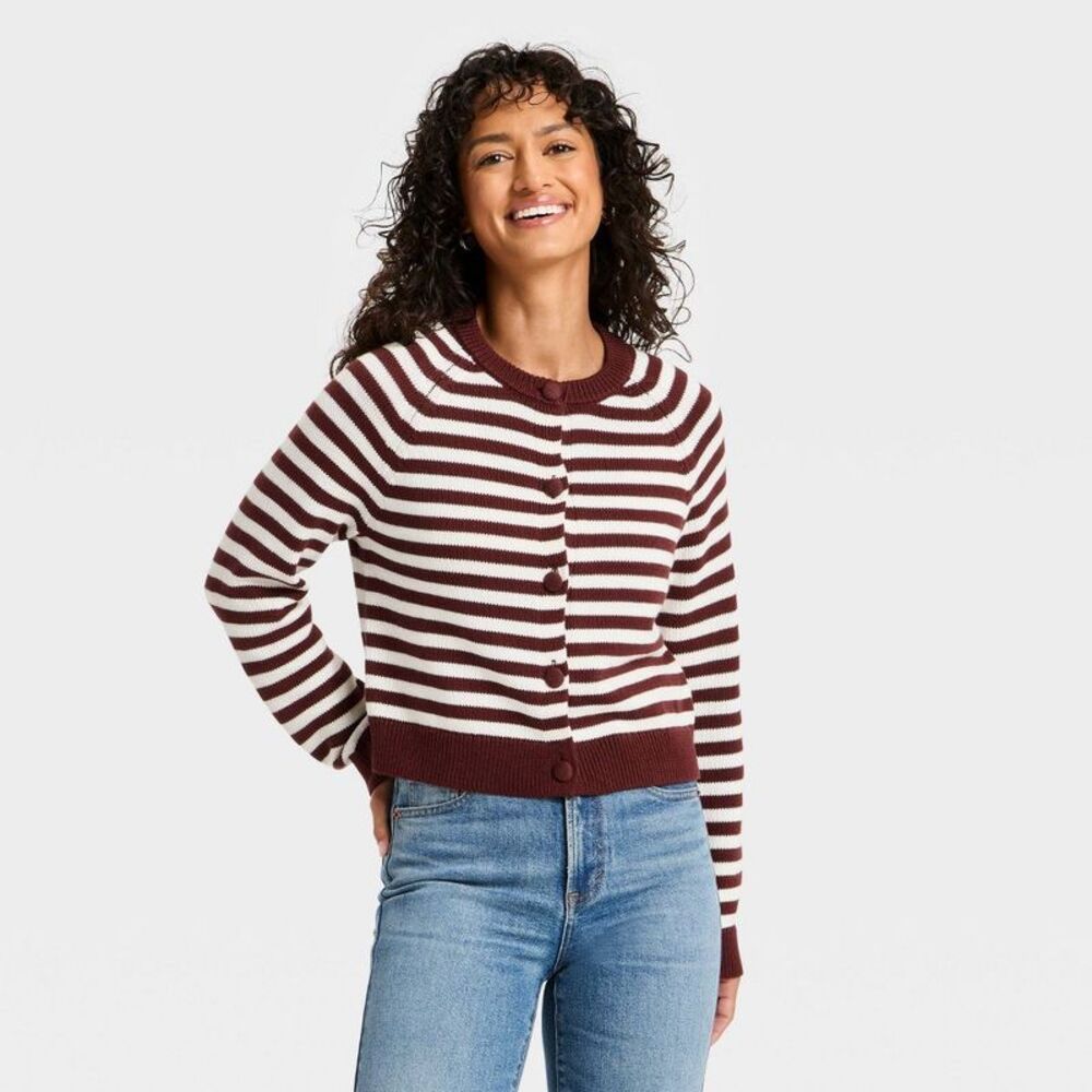 Women's Crewneck Cotton Cardigan - Universal Thread Maroon Striped M